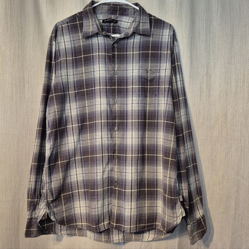 John Varvatos purple Plaid Dress Shirt Sz L Pocket 100 Cotton